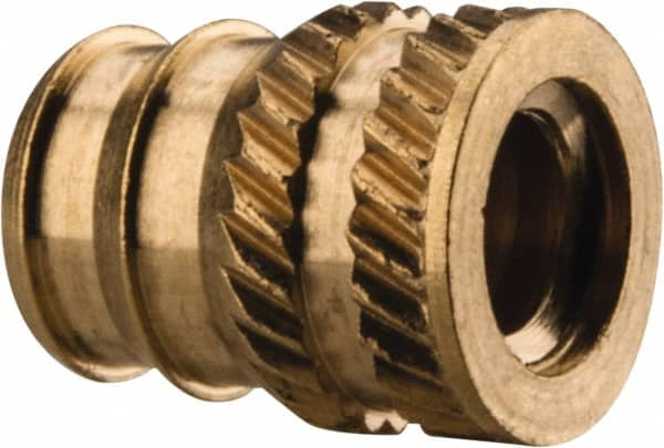 E-Z LOK - #10-24, 0.246" Small to 0.277" Large End Hole Diam, Brass Double Vane Tapered Hole Threaded Insert - 19/64" Insert, 1/4" Pilot Diam, 3/8" OAL, 0.159" Min Wall Thickness - Americas Industrial Supply