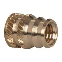E-Z LOK - #10-32, 0.246" Small to 0.277" Large End Hole Diam, Brass Double Vane Tapered Hole Threaded Insert - 19/64" Insert, 1/4" Pilot Diam, 3/8" OAL, 0.159" Min Wall Thickness - Americas Industrial Supply
