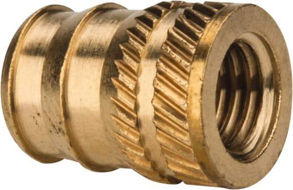 E-Z LOK - 1/4-28, 0.321" Small to 0.363" Large End Hole Diam, Brass Double Vane Tapered Hole Threaded Insert - 3/8" Insert, 0.332" Pilot Diam, 1/2" OAL, 0.194" Min Wall Thickness - Americas Industrial Supply