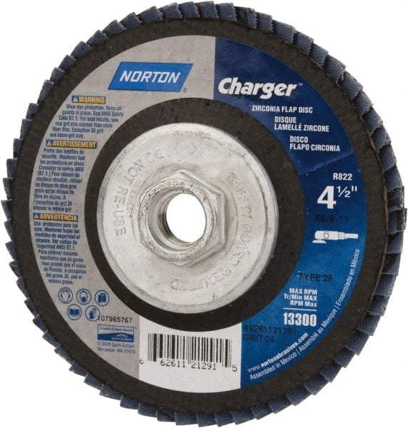 Norton - 24 Grit, 4-1/2" Disc Diam, 5/8-11 Center Hole, Type 29 Zirconia Alumina Flap Disc - 13,000 Max RPM, Fiberglass Backing, Coated - Americas Industrial Supply