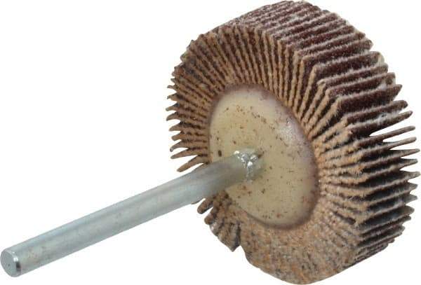 Merit Abrasives - 1-3/16" Diam x 3/8" Face Width, Medium Aluminum Oxide Coated Mounted Flap Wheel - 1/8" Shank Mount, 80 Grit, Cloth Backing, 30,000 Max RPM - Americas Industrial Supply