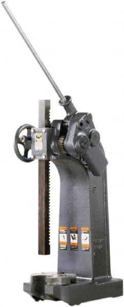 Dake - 1-1/2" Ram, 7-3/4" Throat Depth, 6 Ton Manual Arbor Press - 20-1/4" Max Work Height x 15-1/2" Max Work Width, Compound Leverage, 66:1 Leverage Ratio, 8-1/4" Base Width x 20" Base Depth - Americas Industrial Supply