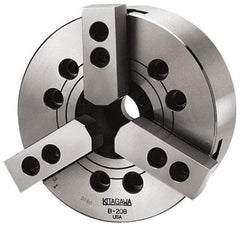 Kitagawa - 3 Jaws, 6" Chuck Diam, Plain Back Mount, 1.7717" Through Hole, Drawbar, Hydraulic Power Lathe Chuck - 12,555 Lb Force per Jaw, 1.5mm x 60 Serrated Jaw Interface, 16mm to 169mm Jaw Capacity, 6,000 RPM, High Speed Steel Body - Americas Industrial Supply