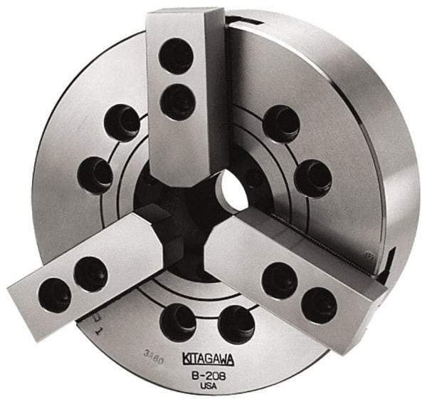 Kitagawa - 2 Jaws, 5" Chuck Diam, Plain Back Mount, 1.299" Through Hole, Drawbar, Hydraulic Power Lathe Chuck - 8,090 Lb Force per Jaw, 1.5mm x 60 Serrated Jaw Interface, 12mm to 135mm Jaw Capacity, 7,000 RPM, High Speed Steel Body - Americas Industrial Supply