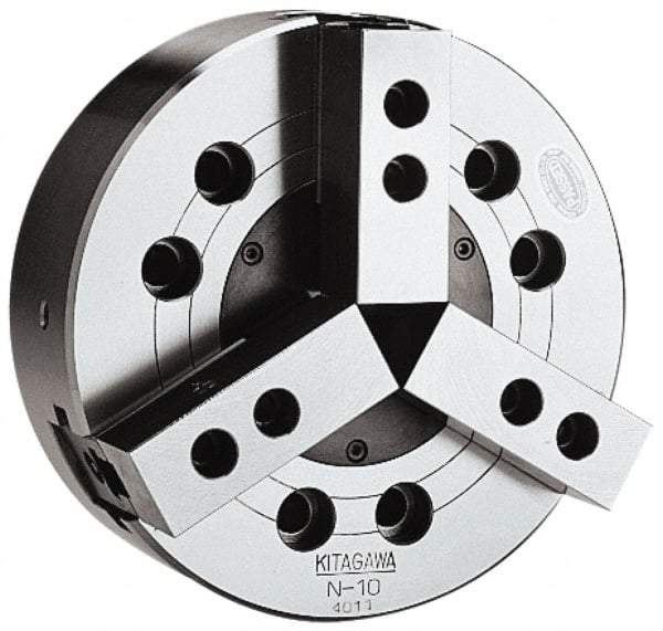 Kitagawa - 3 Jaws, 8" Chuck Diam, Plain Back Mount, Drawbar, Air, Hydraulic Power Lathe Chuck - 16,826 Lb Force per Jaw, 1.5mm x 60 Serrated Jaw Interface, 23mm to 210mm Jaw Capacity, 4,760 RPM, Steel Body - Americas Industrial Supply