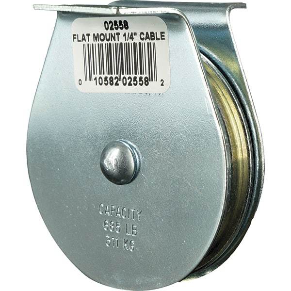 Block Division - 685 Lbs. Load Limit, Flat Standard Block - Upright Mount, Single Sheave, 2-1/2 Inch Outside Diameter, Wire Rope, 1/4 Inch Diameter, Eye, 7/8 Inch Inside Diameter, Carbon Steel, Zinc Plated Finish - Americas Industrial Supply