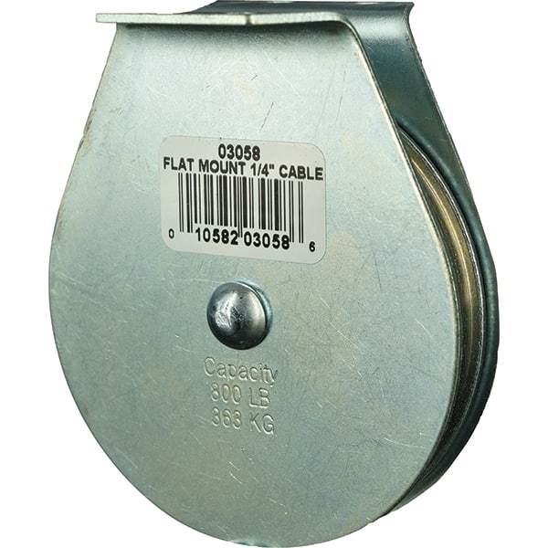 Block Division - 800 Lbs. Load Limit, Flat Standard Block - Upright Mount, Single Sheave, 3 Inch Outside Diameter, Wire Rope, 1/4 Inch Diameter, Eye, 7/8 Inch Inside Diameter, Carbon Steel, Zinc Plated Finish - Americas Industrial Supply