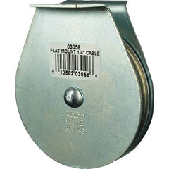 Block Division - 800 Lbs. Load Limit, Flat Standard Block - Upright Mount, Single Sheave, 3 Inch Outside Diameter, Wire Rope, 1/4 Inch Diameter, Eye, 7/8 Inch Inside Diameter, Carbon Steel, Zinc Plated Finish - Americas Industrial Supply