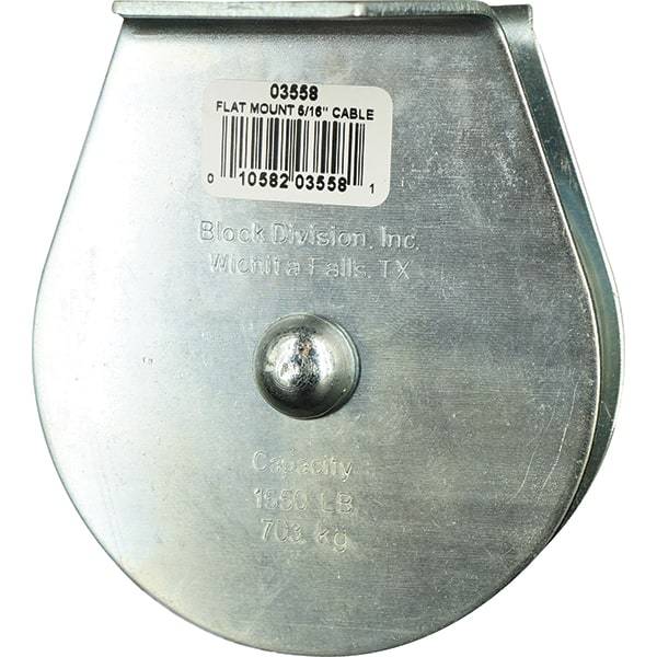 Block Division - 1, 550 Lbs. Load Limit, Flat Standard Block - Upright Mount, Single Sheave, 3-1/2 Inch Outside Diameter, Wire Rope, 5/16 Inch Diameter, Eye, 1-3/16 Inch Inside Diameter, Carbon Steel, Zinc Plated Finish - Americas Industrial Supply