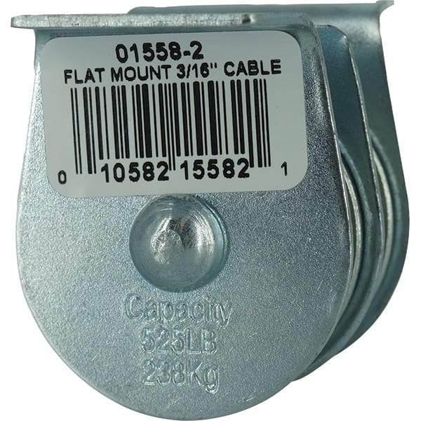 Block Division - 525 Lbs. Load Limit, Flat Standard Block - Upright Mount, Double Sheave, 1-1/2 Inch Outside Diameter, Wire Rope, 3/16 Inch Diameter, Eye, 5/8 Inch Inside Diameter, Carbon Steel, Zinc Plated Finish - Americas Industrial Supply