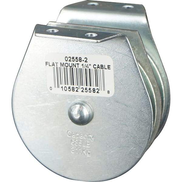 Block Division - 685 Lbs. Load Limit, Flat Standard Block - Upright Mount, Double Sheave, 2-1/2 Inch Outside Diameter, Wire Rope, 1/4 Inch Diameter, Eye, 7/8 Inch Inside Diameter, Carbon Steel, Zinc Plated Finish - Americas Industrial Supply