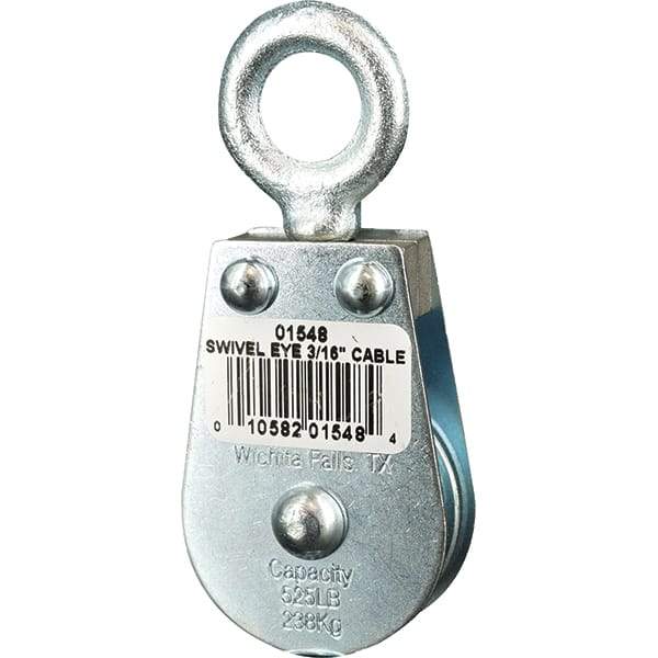 Block Division - 525 Lbs. Load Limit, Swivel Eye Standard Block - Single Sheave, 1-1/2 Inch Outside Diameter, Wire Rope, 3/16 Inch Diameter, Eye, 5/8 Inch Inside Diameter, Carbon Steel, Zinc Plated Finish - Americas Industrial Supply