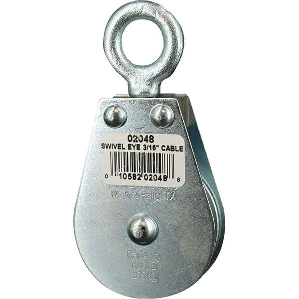 Block Division - 600 Lbs. Load Limit, Swivel Eye Standard Block - Single Sheave, 2 Inch Outside Diameter, Wire Rope, 3/16 Inch Diameter, Eye, 5/8 Inch Inside Diameter, Carbon Steel, Zinc Plated Finish - Americas Industrial Supply