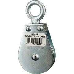 Block Division - 600 Lbs. Load Limit, Swivel Eye Standard Block - Single Sheave, 2 Inch Outside Diameter, Wire Rope, 3/16 Inch Diameter, Eye, 5/8 Inch Inside Diameter, Carbon Steel, Zinc Plated Finish - Americas Industrial Supply