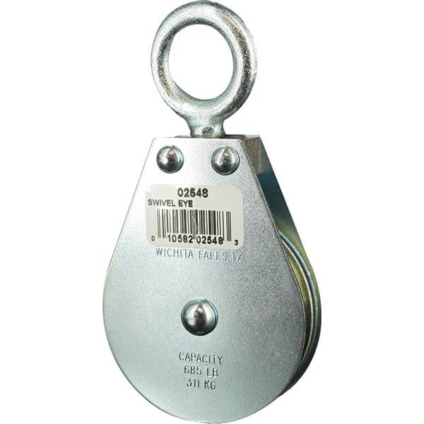 Block Division - 685 Lbs. Load Limit, Swivel Eye Standard Block - Single Sheave, 2-1/2 Inch Outside Diameter, Wire Rope, 1/4 Inch Diameter, Eye, 7/8 Inch Inside Diameter, Carbon Steel, Zinc Plated Finish - Americas Industrial Supply