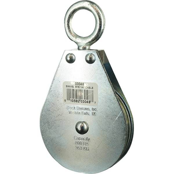 Block Division - 640 Lbs. Load Limit, Swivel Eye Standard Block - Single Sheave, 3-3/4 Inch Outside Diameter, Wire Rope, 1/4 Inch Diameter, Eye, 7/8 Inch Inside Diameter, Carbon Steel, Zinc Plated Finish - Americas Industrial Supply