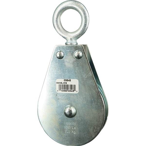 Block Division - 1, 550 Lbs. Load Limit, Swivel Eye Standard Block - Single Sheave, 3-1/2 Inch Outside Diameter, Wire Rope, 5/16 Inch Diameter, Eye, 1-3/16 Inch Inside Diameter, Carbon Steel, Zinc Plated Finish - Americas Industrial Supply