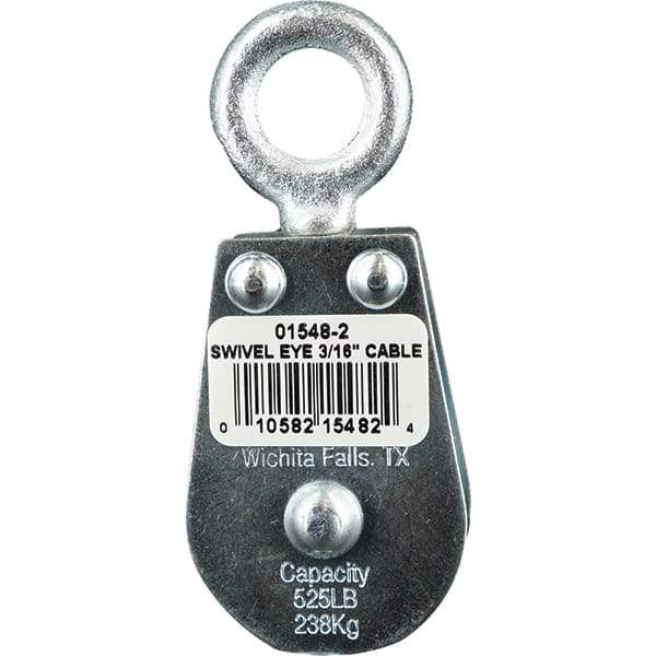 Block Division - 525 Lbs. Load Limit, Swivel Eye Standard Block - Double Sheave, 1-1/2 Inch Outside Diameter, Wire Rope, 3/16 Inch Diameter, Eye, 5/8 Inch Inside Diameter, Carbon Steel, Zinc Plated Finish - Americas Industrial Supply