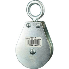 Block Division - 685 Lbs. Load Limit, Swivel Eye Standard Block - Double Sheave, 2-1/2 Inch Outside Diameter, Wire Rope, 1/4 Inch Diameter, Eye, 7/8 Inch Inside Diameter, Carbon Steel, Zinc Plated Finish - Americas Industrial Supply