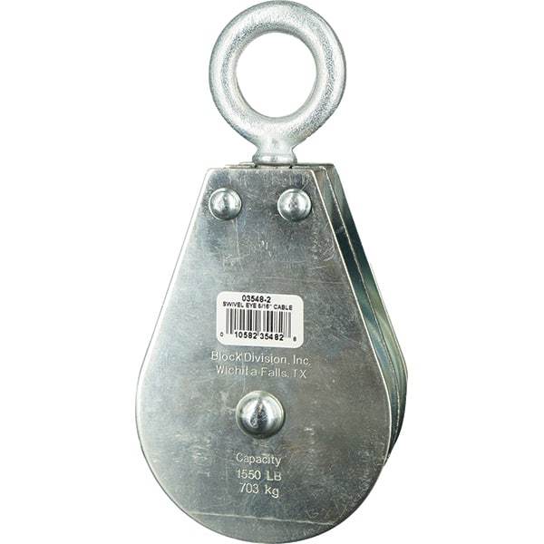Block Division - 1, 550 Lbs. Load Limit, Swivel Eye Standard Block - Double Sheave, 3-1/2 Inch Outside Diameter, Wire Rope, 5/16 Inch Diameter, Eye, 1-3/16 Inch Inside Diameter, Carbon Steel, Zinc Plated Finish - Americas Industrial Supply