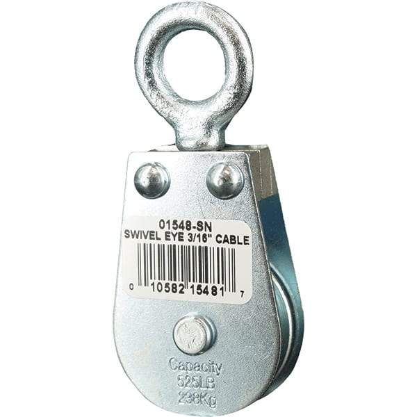 Block Division - 525 Lbs. Load Limit, Swivel Eye Snatch Block - Single Sheave, 1-1/2 Inch Outside Diameter, Wire Rope, 3/16 Inch Diameter, Eye, 5/8 Inch Inside Diameter, Carbon Steel, Zinc Plated Finish - Americas Industrial Supply