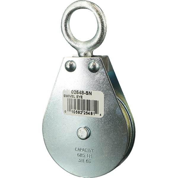 Block Division - 685 Lbs. Load Limit, Swivel Eye Snatch Block - Single Sheave, 2-1/2 Inch Outside Diameter, Wire Rope, 1/4 Inch Diameter, Eye, 7/8 Inch Inside Diameter, Carbon Steel, Zinc Plated Finish - Americas Industrial Supply