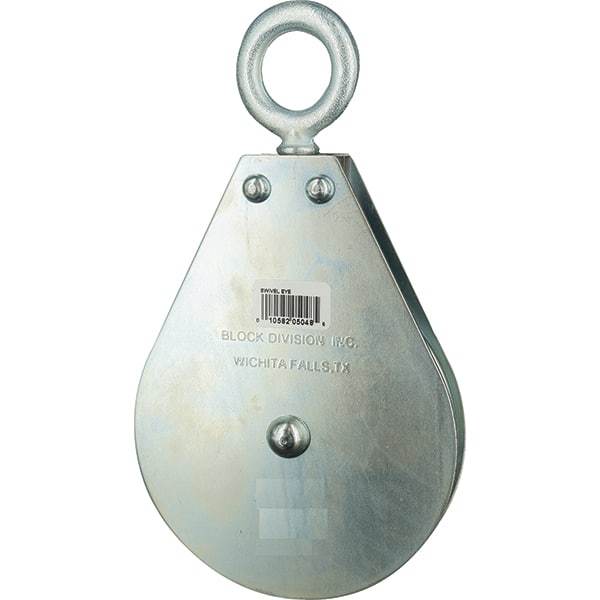 Block Division - 640 Lbs. Load Limit, Swivel Eye Snatch Block - Single Sheave, 3 Inch Outside Diameter, Wire Rope, 1/4 Inch Diameter, Eye, 7/8 Inch Inside Diameter, Carbon Steel, Zinc Plated Finish - Americas Industrial Supply