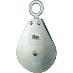 Block Division - 1, 550 Lbs. Load Limit, Swivel Eye Snatch Block - Single Sheave, 3-5/8 Inch Outside Diameter, Wire Rope, 3/8 Inch Diameter, Eye, 1-1/8 Inch Inside Diameter, Carbon Steel, Zinc Plated Finish - Americas Industrial Supply