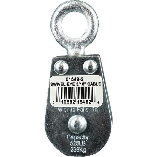 Block Division - 525 Lbs. Load Limit, Swivel Eye Snatch Block - Double Sheave, 1-5/8 Inch Outside Diameter, Wire Rope, 3/16 Inch Diameter, Eye, 5/8 Inch Inside Diameter, Carbon Steel, Zinc Plated Finish - Americas Industrial Supply