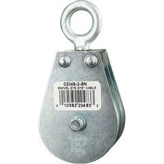 Block Division - 600 Lbs. Load Limit, Swivel Eye Snatch Block - Double Sheave, 2 Inch Outside Diameter, Wire Rope, 3/16 Inch Diameter, Eye, 5/8 Inch Inside Diameter, Carbon Steel, Zinc Plated Finish - Americas Industrial Supply