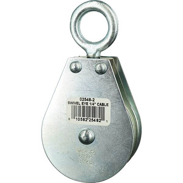 Block Division - 685 Lbs. Load Limit, Swivel Eye Snatch Block - Double Sheave, 2-1/2 Inch Outside Diameter, Wire Rope, 1/4 Inch Diameter, Eye, 7/8 Inch Inside Diameter, Carbon Steel, Zinc Plated Finish - Americas Industrial Supply