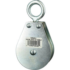 Block Division - 685 Lbs. Load Limit, Swivel Eye Snatch Block - Double Sheave, 2-1/2 Inch Outside Diameter, Wire Rope, 1/4 Inch Diameter, Eye, 7/8 Inch Inside Diameter, Carbon Steel, Zinc Plated Finish - Americas Industrial Supply