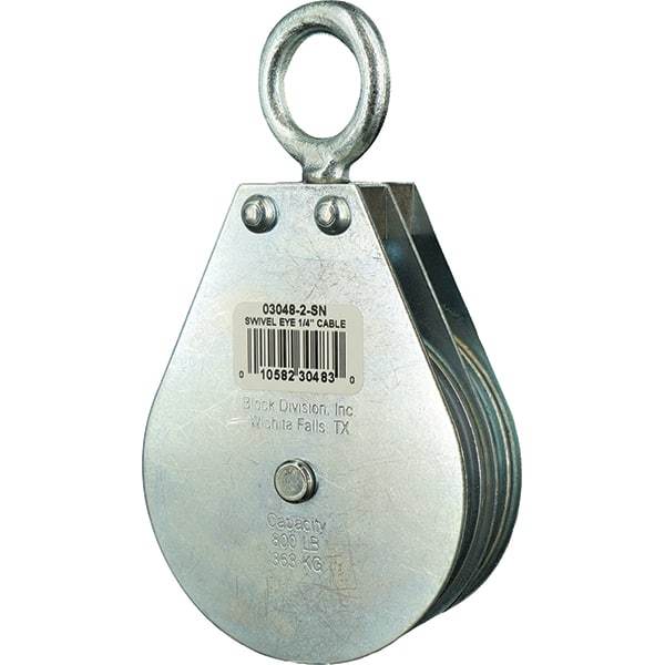 Block Division - 800 Lbs. Load Limit, Swivel Eye Snatch Block - Double Sheave, 3 Inch Outside Diameter, Wire Rope, 1/4 Inch Diameter, Eye, 7/8 Inch Inside Diameter, Carbon Steel, Zinc Plated Finish - Americas Industrial Supply