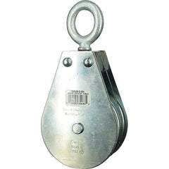 Block Division - 1, 550 Lbs. Load Limit, Swivel Eye Snatch Block - Double Sheave, 3-3/4 Inch Outside Diameter, Wire Rope, 5/16 Inch Diameter, Eye, 1-3/16 Inch Inside Diameter, Carbon Steel, Zinc Plated Finish - Americas Industrial Supply
