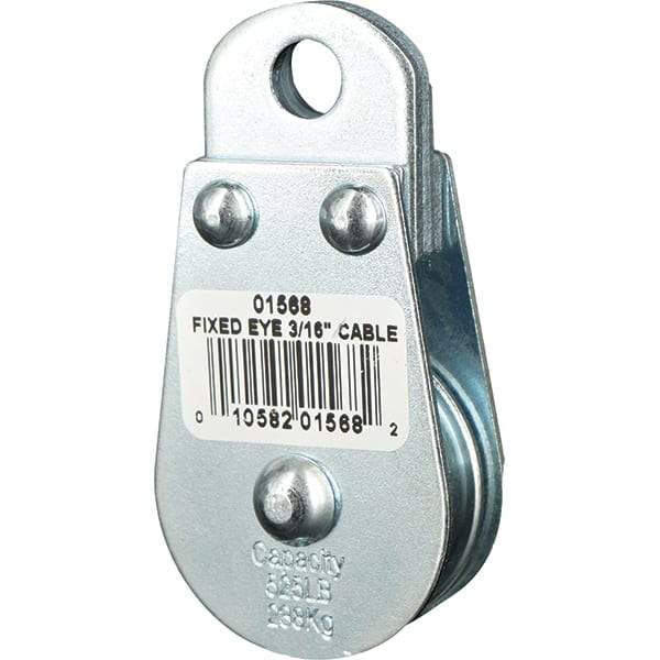 Block Division - 525 Lbs. Load Limit, Rigid Eye Block - Single Sheave, 1-1/2 Inch Outside Diameter, Wire Rope, 3/16 Inch Diameter, Eye, 3/8 Inch Inside Diameter, Carbon Steel, Zinc Plated Finish - Americas Industrial Supply