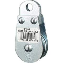 Block Division - 525 Lbs. Load Limit, Rigid Eye Block - Single Sheave, 1-1/2 Inch Outside Diameter, Wire Rope, 3/16 Inch Diameter, Eye, 3/8 Inch Inside Diameter, Carbon Steel, Zinc Plated Finish - Americas Industrial Supply