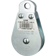 Block Division - 600 Lbs. Load Limit, Rigid Eye Block - Single Sheave, 2 Inch Outside Diameter, Wire Rope, 3/16 Inch Diameter, Eye, 3/8 Inch Inside Diameter, Carbon Steel, Zinc Plated Finish - Americas Industrial Supply