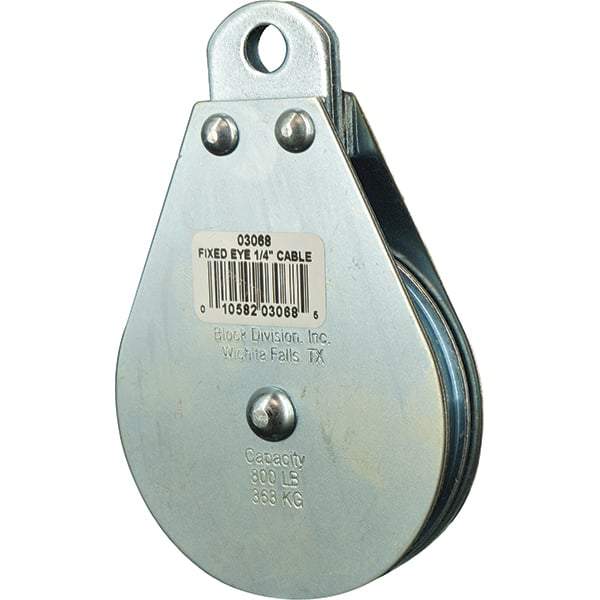 Block Division - 800 Lbs. Load Limit, Rigid Eye Block - Single Sheave, 3 Inch Outside Diameter, Wire Rope, 1/4 Inch Diameter, Eye, 3/8 Inch Inside Diameter, Carbon Steel, Zinc Plated Finish - Americas Industrial Supply