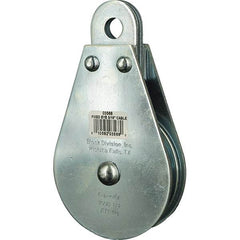 Block Division - 1, 550 Lbs. Load Limit, Rigid Eye Block - Single Sheave, 3-1/2 Inch Outside Diameter, Wire Rope, 5/16 Inch Diameter, Eye, 9/16 Inch Inside Diameter, Carbon Steel, Zinc Plated Finish - Americas Industrial Supply