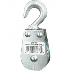 Block Division - 525 Lbs. Load Limit, Swivel Hook Block - Single Sheave, 1-1/2 Inch Outside Diameter, Wire Rope, 3/16 Inch Diameter, Eye, 3/8 Inch Inside Diameter, Carbon Steel, Zinc Plated Finish - Americas Industrial Supply