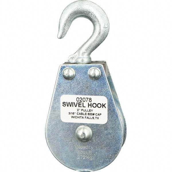 Block Division - 600 Lbs. Load Limit, Swivel Hook Block - Single Sheave, 2 Inch Outside Diameter, Wire Rope, 3/16 Inch Diameter, Eye, 3/8 Inch Inside Diameter, Carbon Steel, Zinc Plated Finish - Americas Industrial Supply