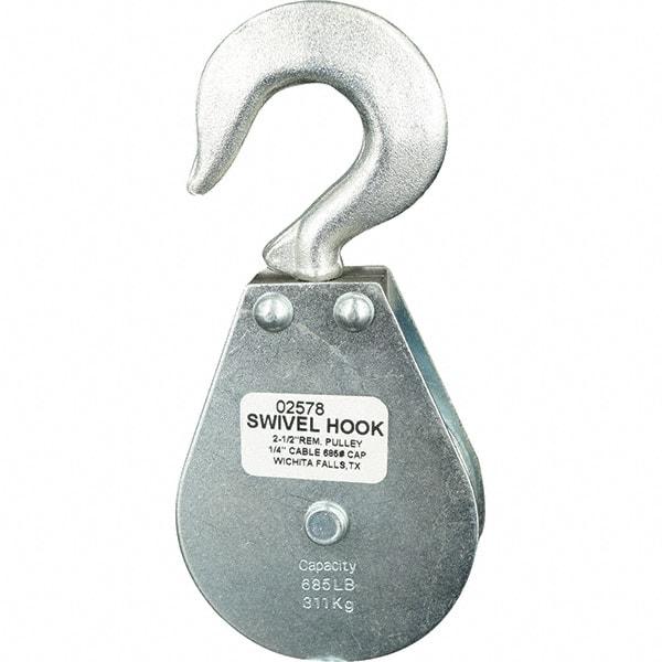 Block Division - 685 Lbs. Load Limit, Swivel Hook Block - Single Sheave, 2-1/2 Inch Outside Diameter, Wire Rope, 1/4 Inch Diameter, Eye, 3/8 Inch Inside Diameter, Carbon Steel, Zinc Plated Finish - Americas Industrial Supply