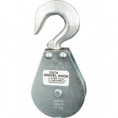 Block Division - 685 Lbs. Load Limit, Swivel Hook Block - Single Sheave, 2-1/2 Inch Outside Diameter, Wire Rope, 1/4 Inch Diameter, Eye, 3/8 Inch Inside Diameter, Carbon Steel, Zinc Plated Finish - Americas Industrial Supply