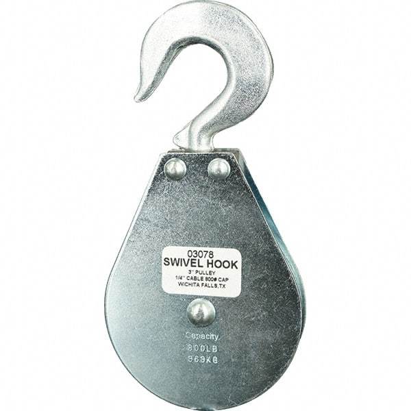 Block Division - 800 Lbs. Load Limit, Swivel Hook Block - Single Sheave, 3 Inch Outside Diameter, Wire Rope, 1/4 Inch Diameter, Eye, 3/8 Inch Inside Diameter, Carbon Steel, Zinc Plated Finish - Americas Industrial Supply