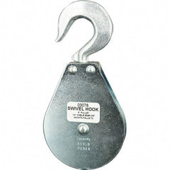 Block Division - 800 Lbs. Load Limit, Swivel Hook Block - Single Sheave, 3 Inch Outside Diameter, Wire Rope, 1/4 Inch Diameter, Eye, 3/8 Inch Inside Diameter, Carbon Steel, Zinc Plated Finish - Americas Industrial Supply