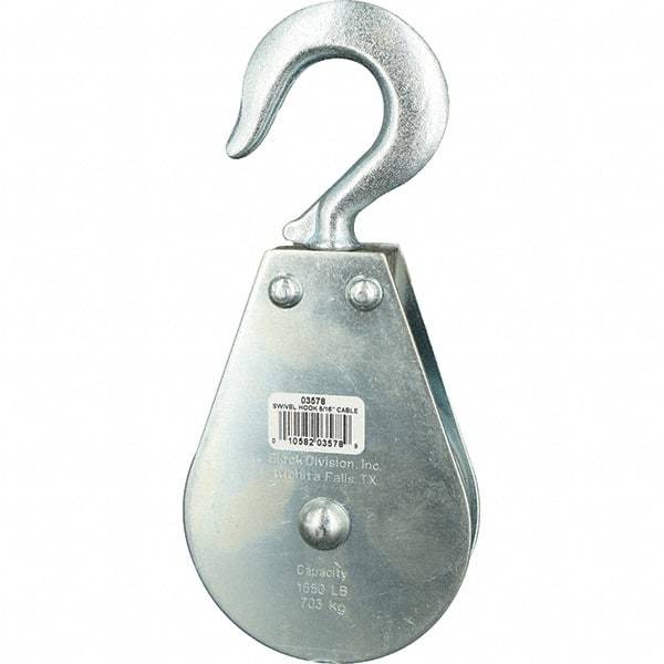 Block Division - 1, 550 Lbs. Load Limit, Swivel Hook Block - Single Sheave, 3-1/2 Inch Outside Diameter, Wire Rope, 5/16 Inch Diameter, Eye, 9/16 Inch Inside Diameter, Carbon Steel, Zinc Plated Finish - Americas Industrial Supply
