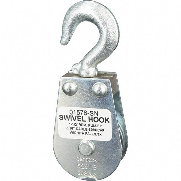 Block Division - 525 Lbs. Load Limit, Swivel Hook Block - Single Sheave, 1-5/8 Inch Outside Diameter, Wire Rope, 3/16 Inch Diameter, Eye, 3/8 Inch Inside Diameter, Carbon Steel, Zinc Plated Finish - Americas Industrial Supply