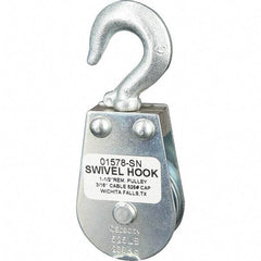 Block Division - 525 Lbs. Load Limit, Swivel Hook Block - Single Sheave, 1-5/8 Inch Outside Diameter, Wire Rope, 3/16 Inch Diameter, Eye, 3/8 Inch Inside Diameter, Carbon Steel, Zinc Plated Finish - Americas Industrial Supply