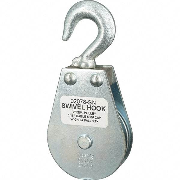 Block Division - 600 Lbs. Load Limit, Swivel Hook Block - Single Sheave, 2-1/8 Inch Outside Diameter, Wire Rope, 3/16 Inch Diameter, Eye, 3/8 Inch Inside Diameter, Carbon Steel, Zinc Plated Finish - Americas Industrial Supply