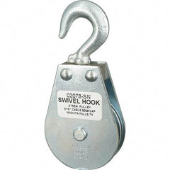 Block Division - 600 Lbs. Load Limit, Swivel Hook Block - Single Sheave, 2-1/8 Inch Outside Diameter, Wire Rope, 3/16 Inch Diameter, Eye, 3/8 Inch Inside Diameter, Carbon Steel, Zinc Plated Finish - Americas Industrial Supply